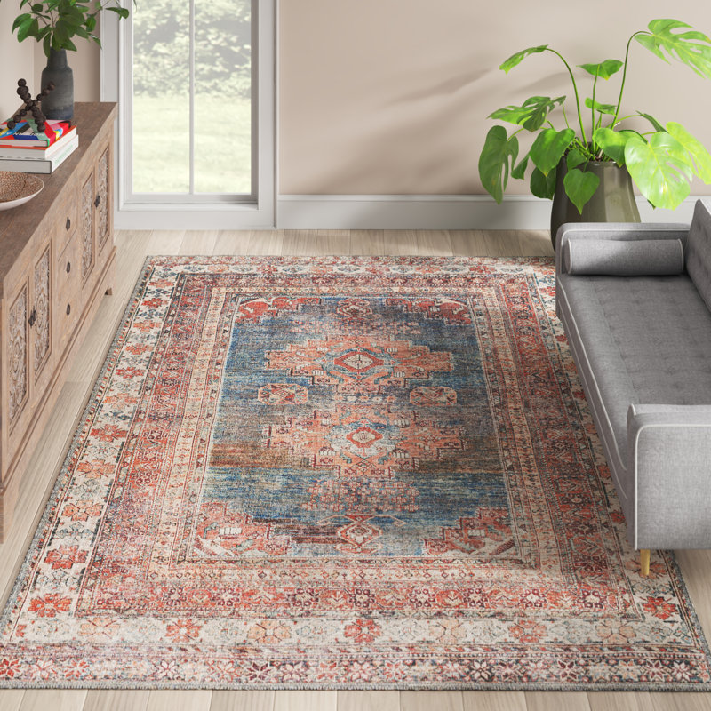Langley Street Bria Machine Washable Oriental Blue/Dusty Coral Area Rug